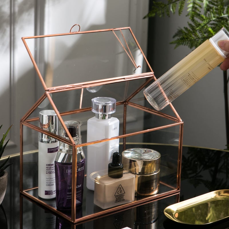Levilan House Shape Close Glass Geometric Terrariumn Tabletop Succulent Plant Garden Geo Planter Moss Fern Swing Lid Reptile, Flower Pot for Plants Succulent, Air Plant (Rose Gold) - Image 4